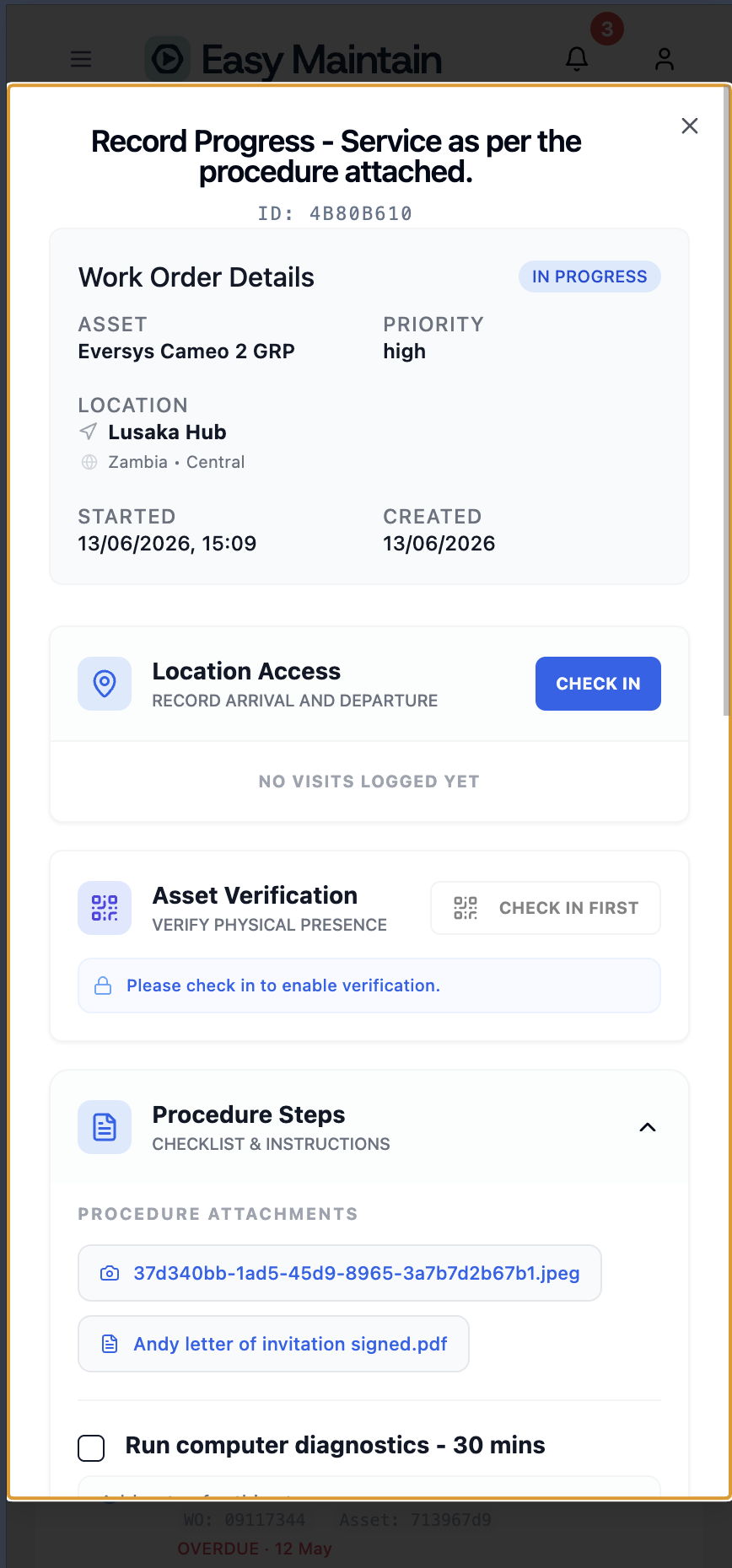 Active work order timer in the Easy Maintain mobile CMMS app